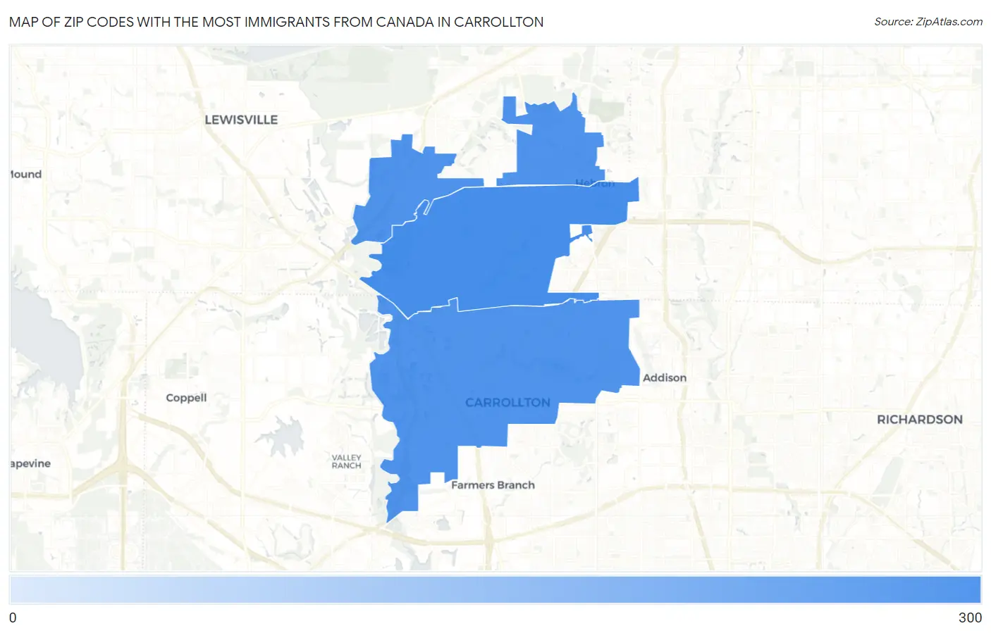 Zip Codes with the Most Immigrants from Canada in Carrollton Map