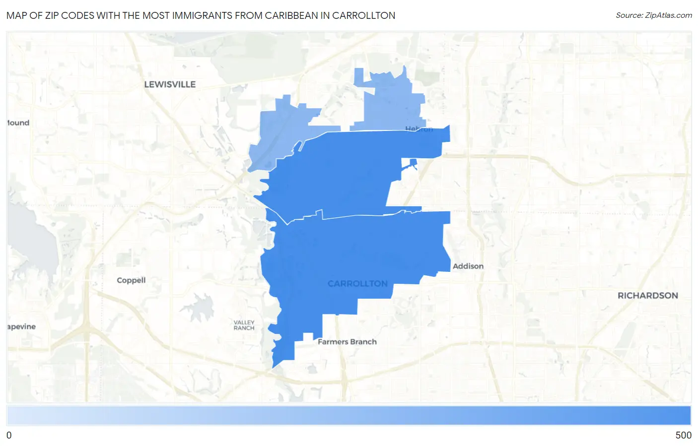 Zip Codes with the Most Immigrants from Caribbean in Carrollton Map