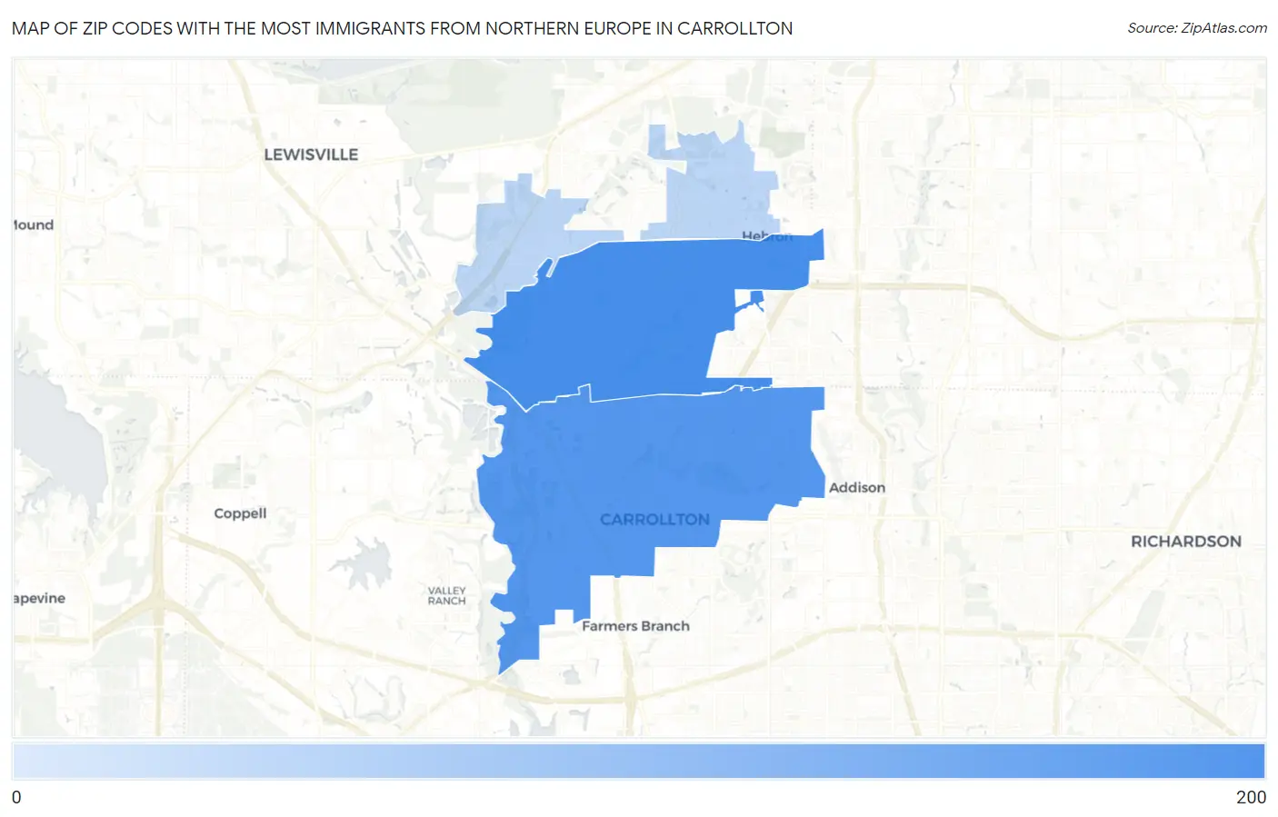 Zip Codes with the Most Immigrants from Northern Europe in Carrollton Map