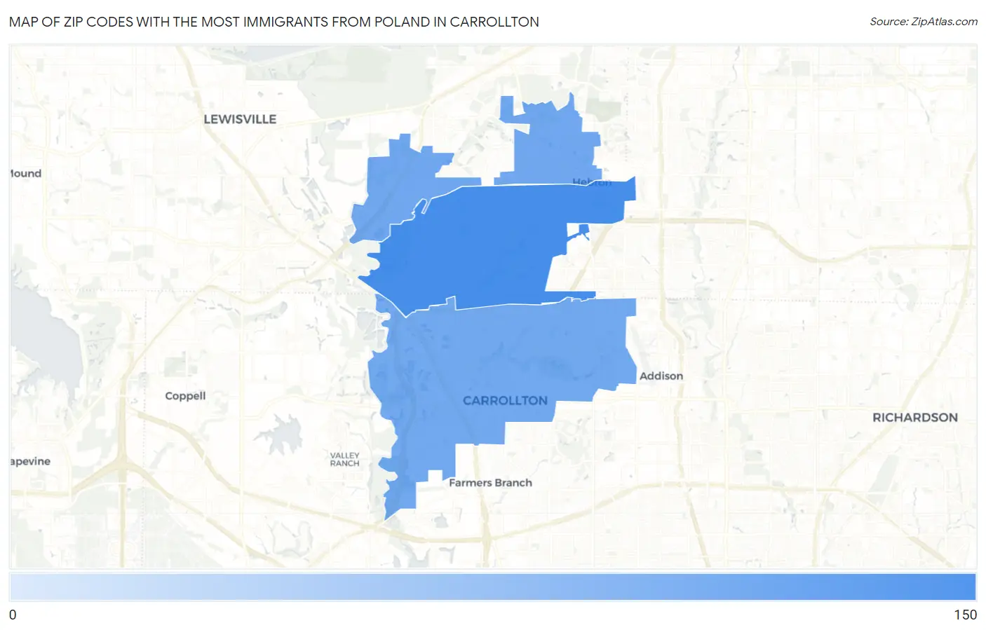 Zip Codes with the Most Immigrants from Poland in Carrollton Map