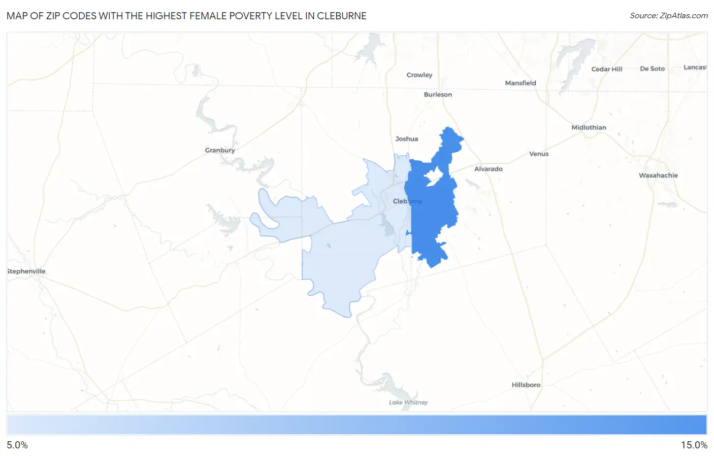 Zip Codes with the Highest Female Poverty Level in Cleburne Map