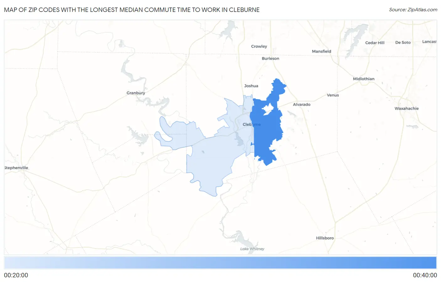 Zip Codes with the Longest Median Commute Time to Work in Cleburne Map