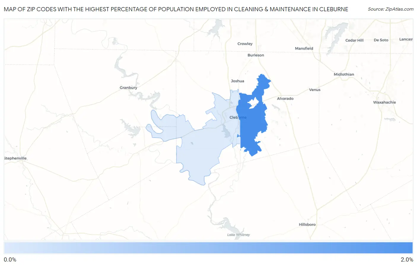 Zip Codes with the Highest Percentage of Population Employed in Cleaning & Maintenance in Cleburne Map