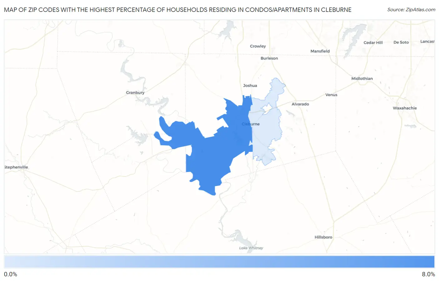 Zip Codes with the Highest Percentage of Households Residing in Condos/Apartments in Cleburne Map