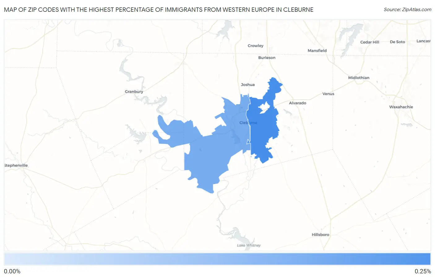 Zip Codes with the Highest Percentage of Immigrants from Western Europe in Cleburne Map