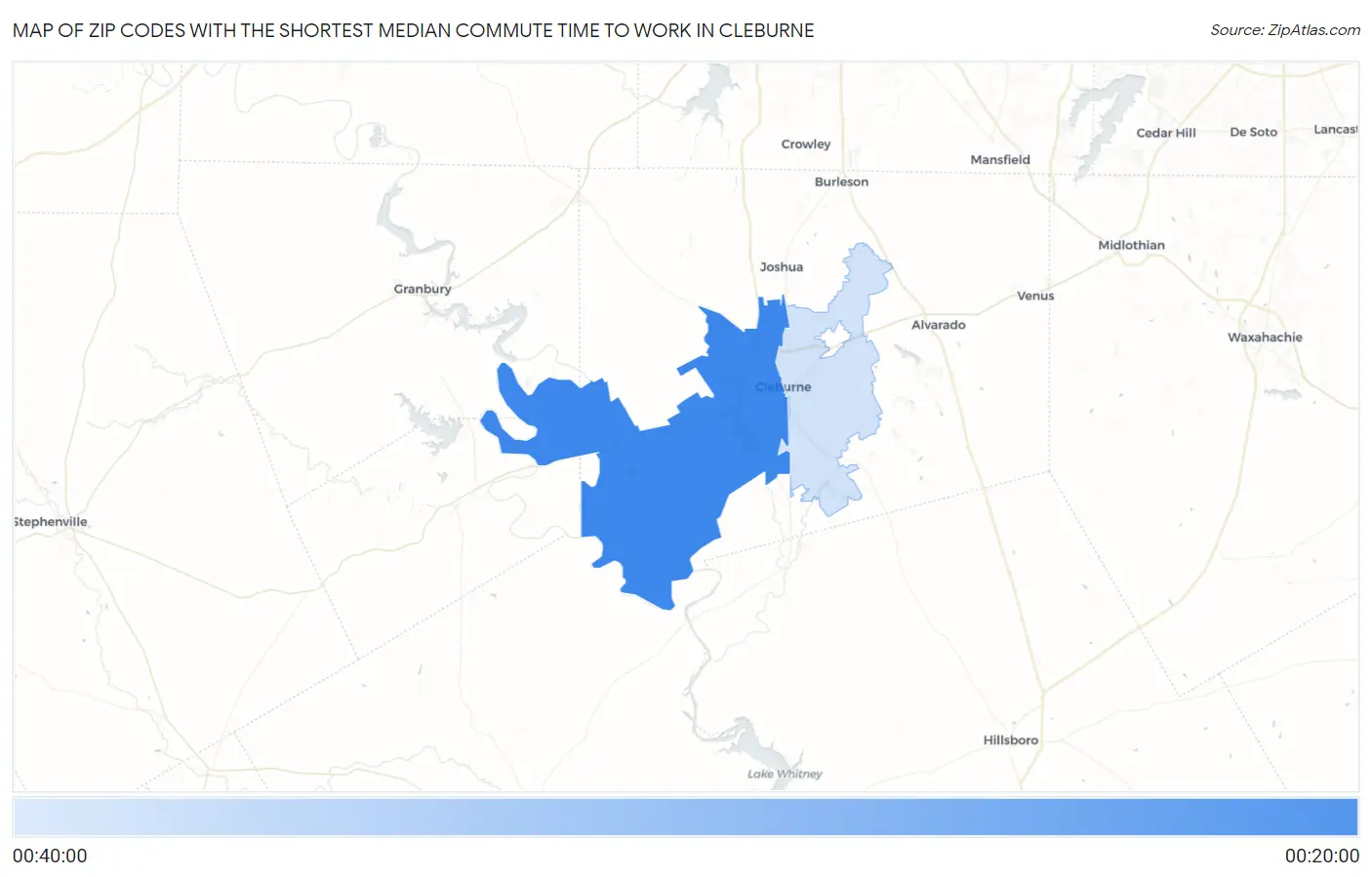 Zip Codes with the Shortest Median Commute Time to Work in Cleburne Map
