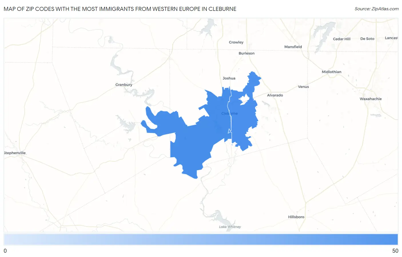 Zip Codes with the Most Immigrants from Western Europe in Cleburne Map