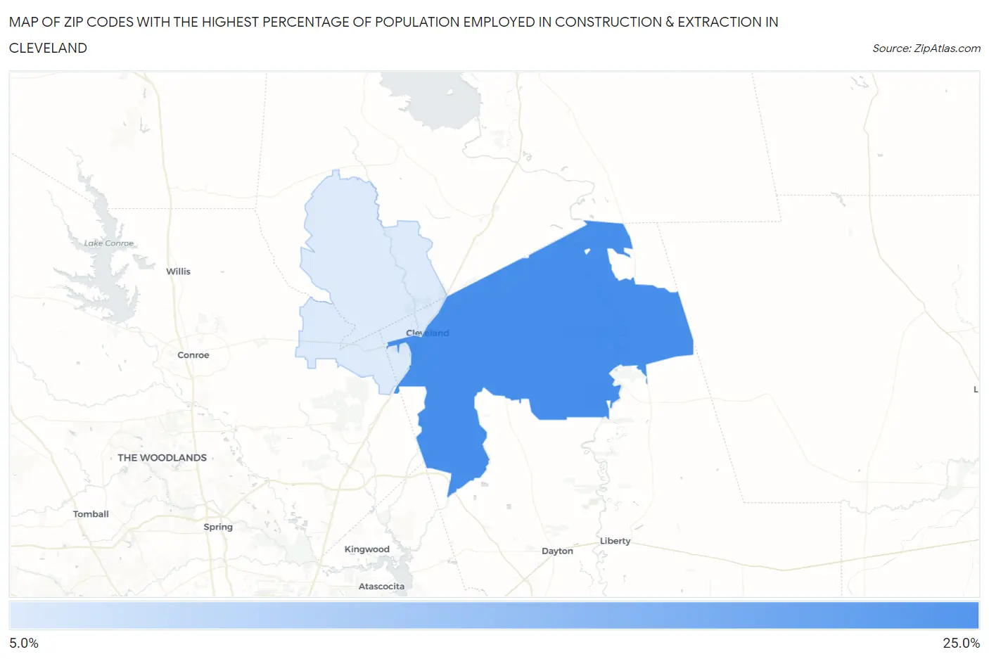 Zip Codes with the Highest Percentage of Population Employed in Construction & Extraction in Cleveland Map