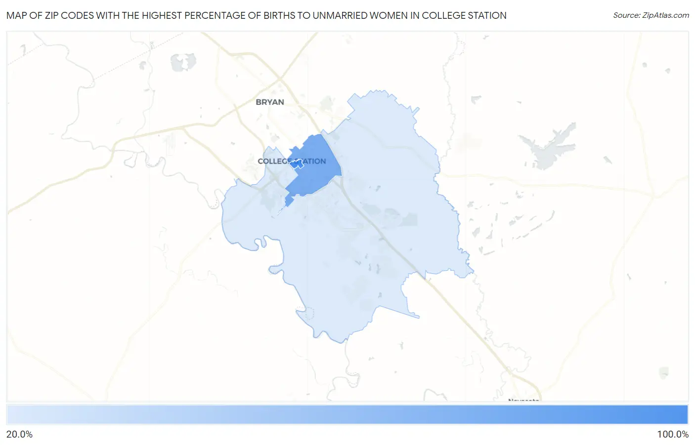 Zip Codes with the Highest Percentage of Births to Unmarried Women in College Station Map