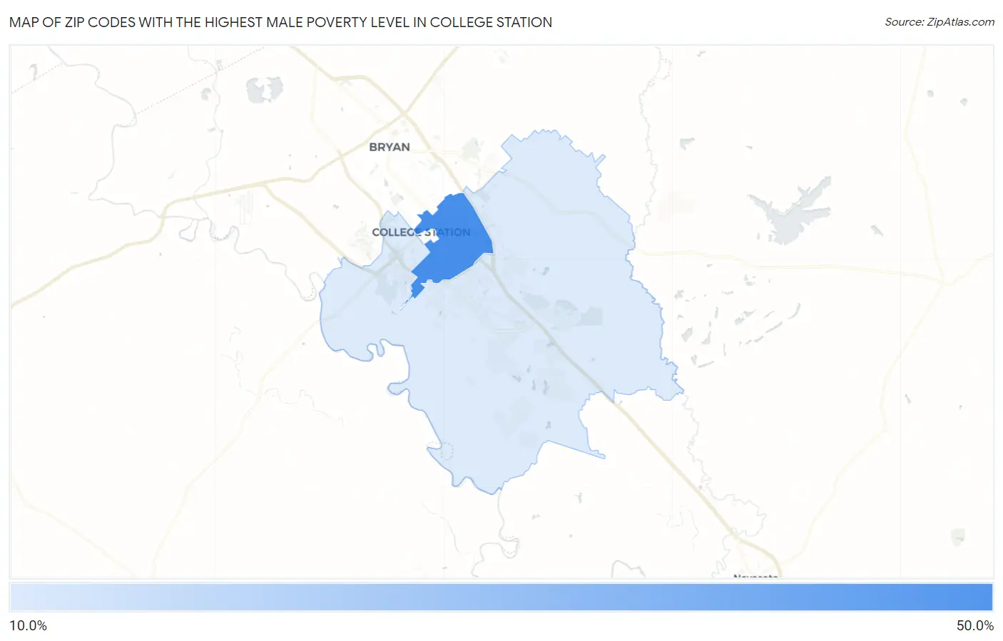 Zip Codes with the Highest Male Poverty Level in College Station Map