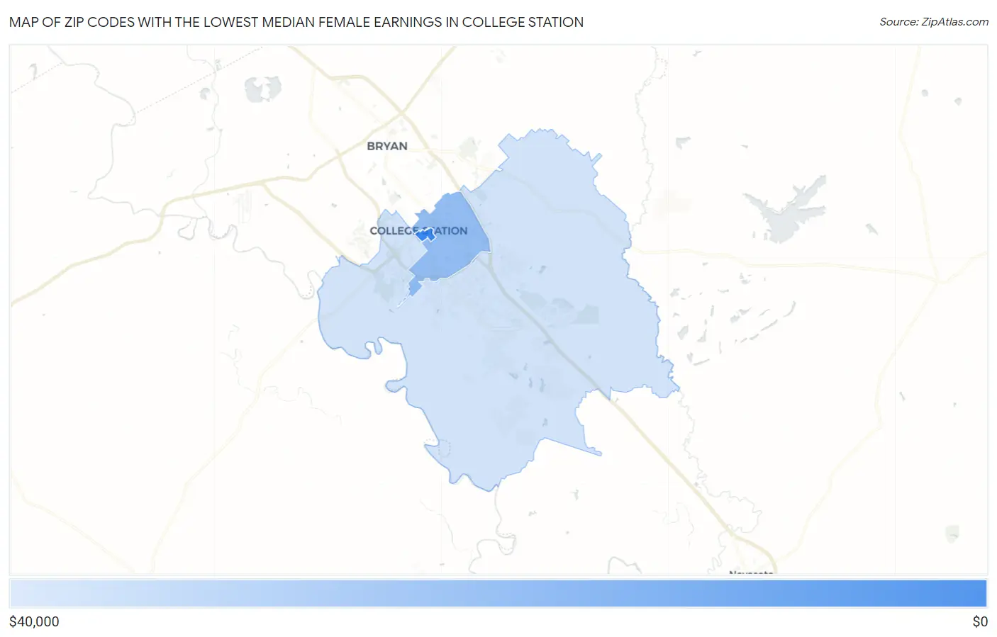 Zip Codes with the Lowest Median Female Earnings in College Station Map