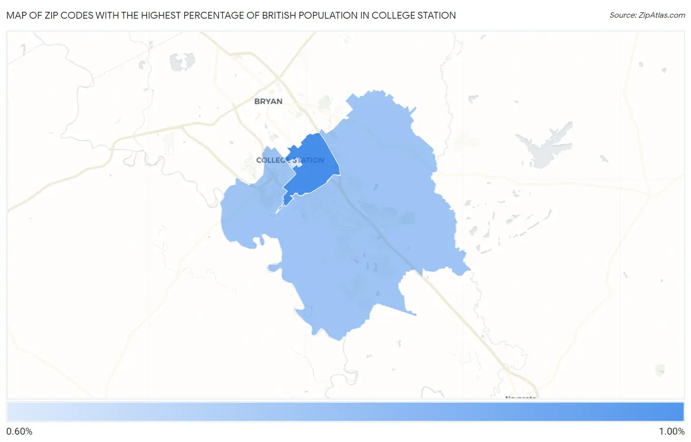 Zip Codes with the Highest Percentage of British Population in College Station Map