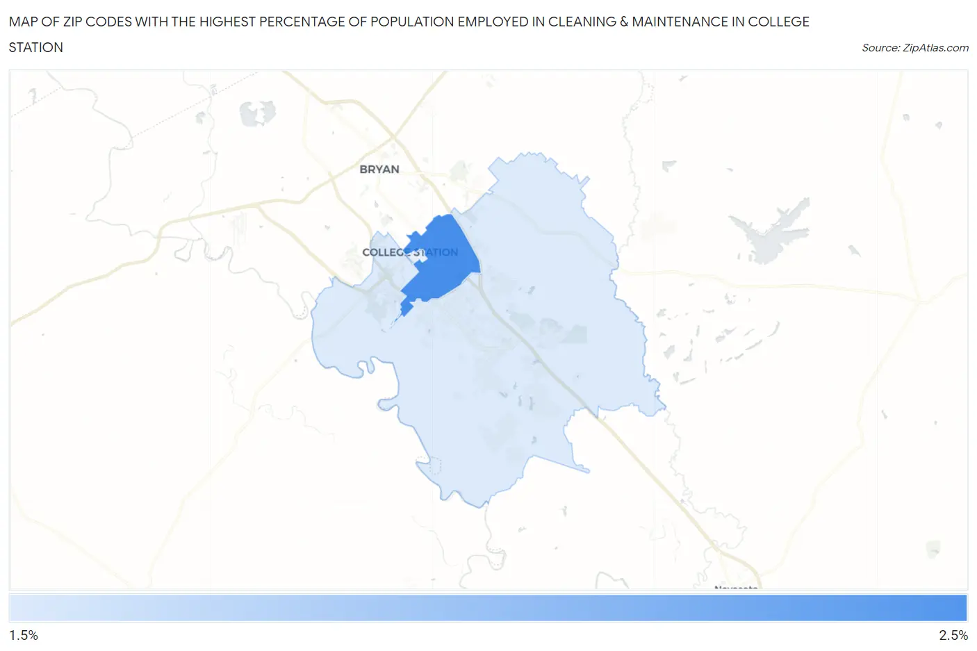 Zip Codes with the Highest Percentage of Population Employed in Cleaning & Maintenance in College Station Map