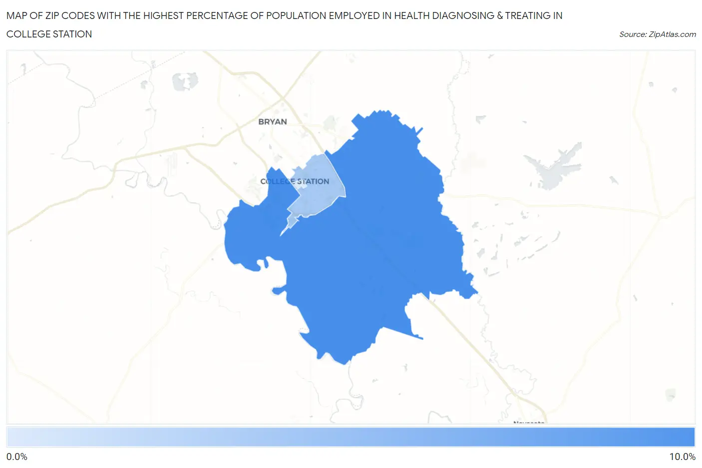 Zip Codes with the Highest Percentage of Population Employed in Health Diagnosing & Treating in College Station Map