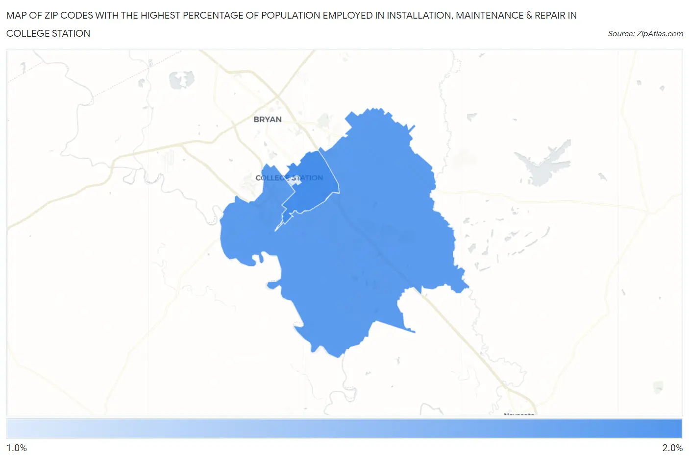 Zip Codes with the Highest Percentage of Population Employed in Installation, Maintenance & Repair in College Station Map