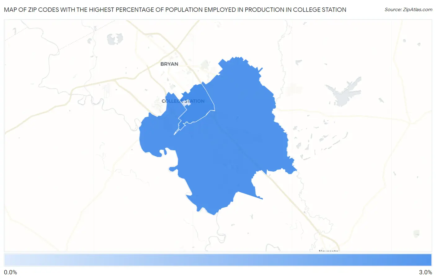 Zip Codes with the Highest Percentage of Population Employed in Production in College Station Map