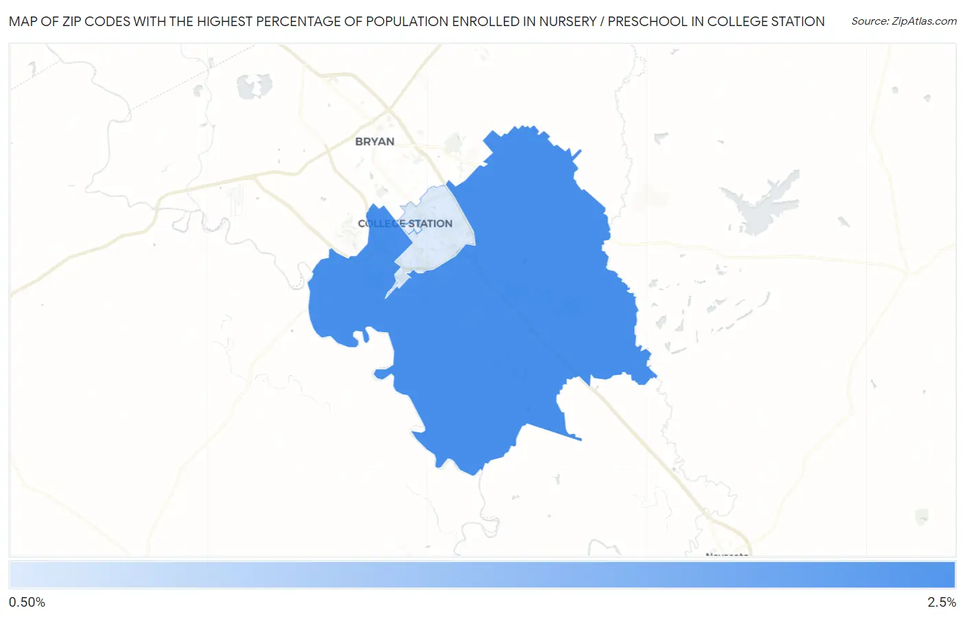 Zip Codes with the Highest Percentage of Population Enrolled in Nursery / Preschool in College Station Map