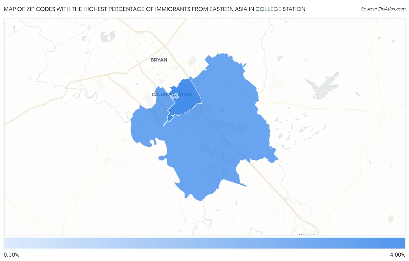 Zip Codes with the Highest Percentage of Immigrants from Eastern Asia in College Station Map