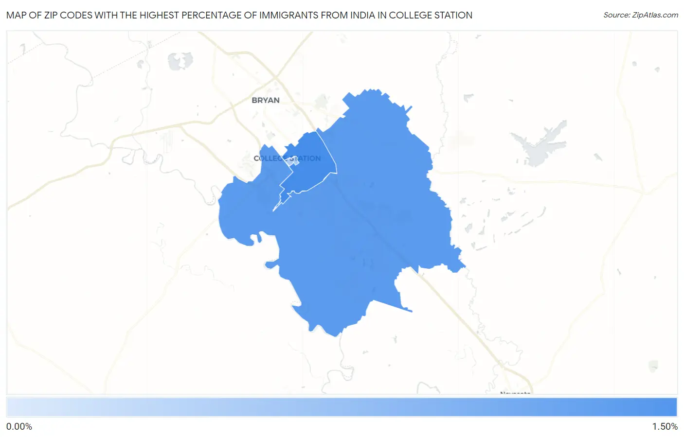 Zip Codes with the Highest Percentage of Immigrants from India in College Station Map