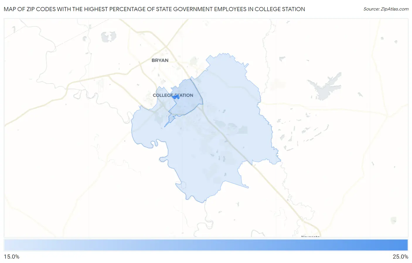 Zip Codes with the Highest Percentage of State Government Employees in College Station Map