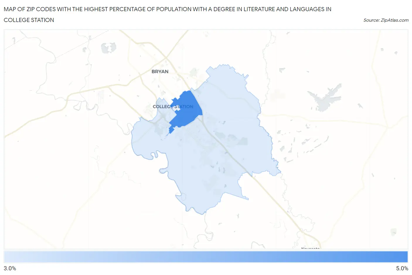 Zip Codes with the Highest Percentage of Population with a Degree in Literature and Languages in College Station Map