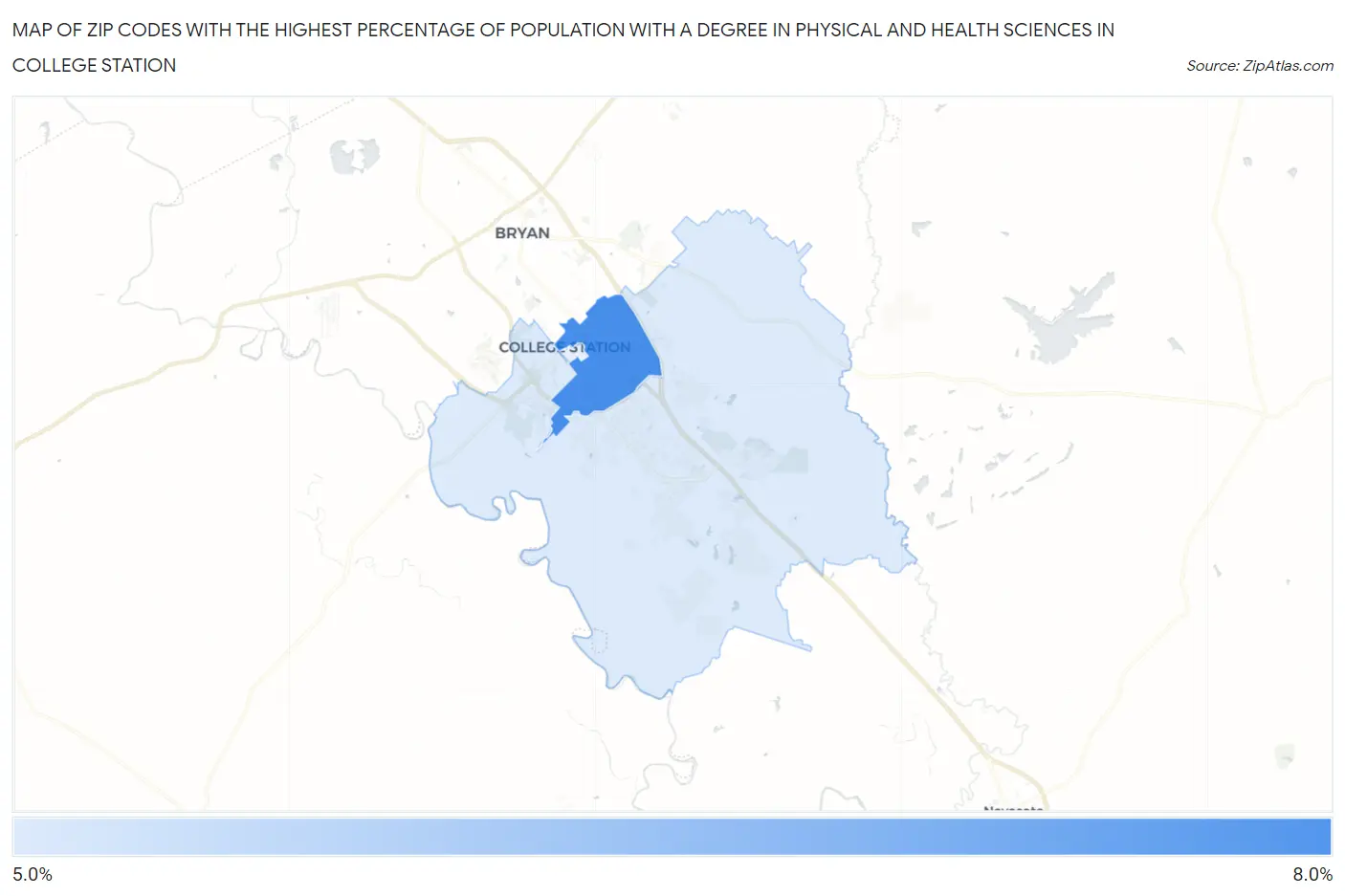 Zip Codes with the Highest Percentage of Population with a Degree in Physical and Health Sciences in College Station Map