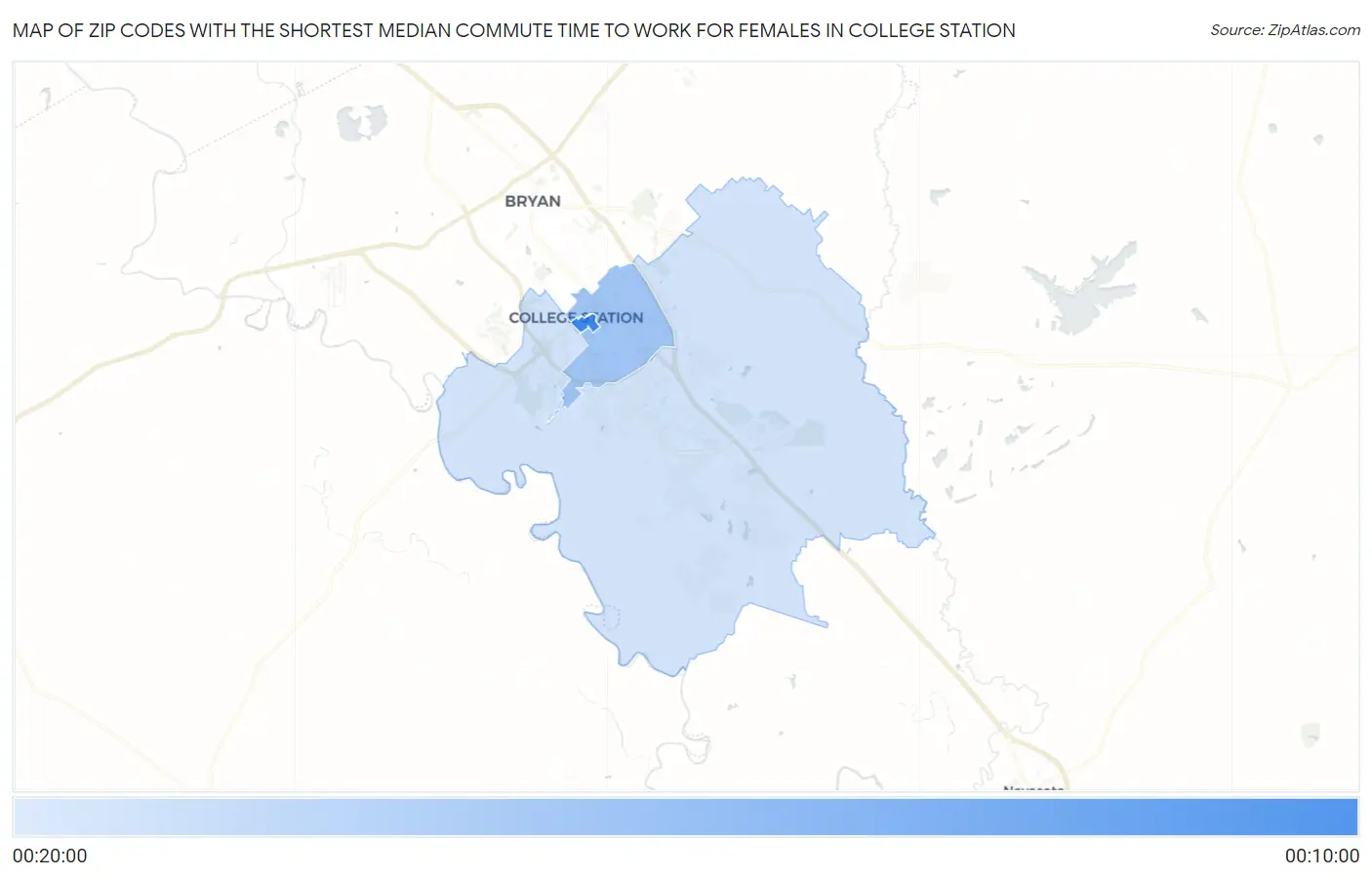 Zip Codes with the Shortest Median Commute Time to Work for Females in College Station Map