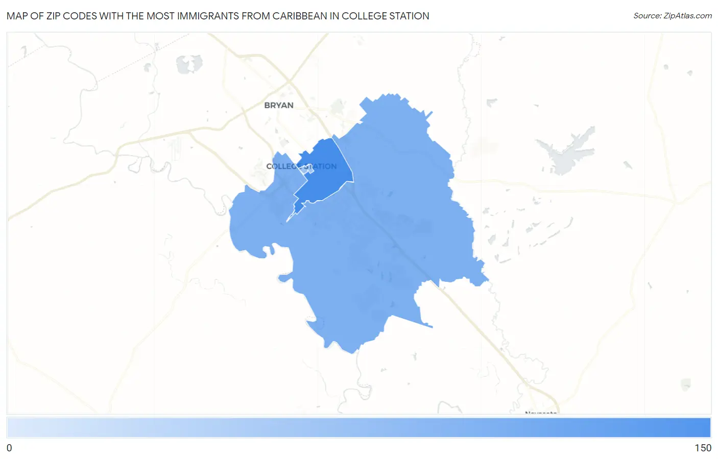 Zip Codes with the Most Immigrants from Caribbean in College Station Map