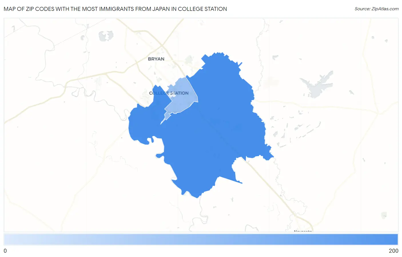 Zip Codes with the Most Immigrants from Japan in College Station Map