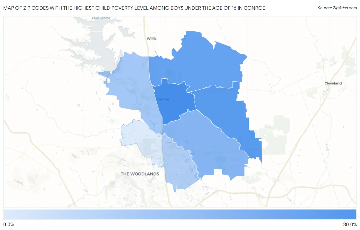 Zip Codes with the Highest Child Poverty Level Among Boys Under the Age of 16 in Conroe Map