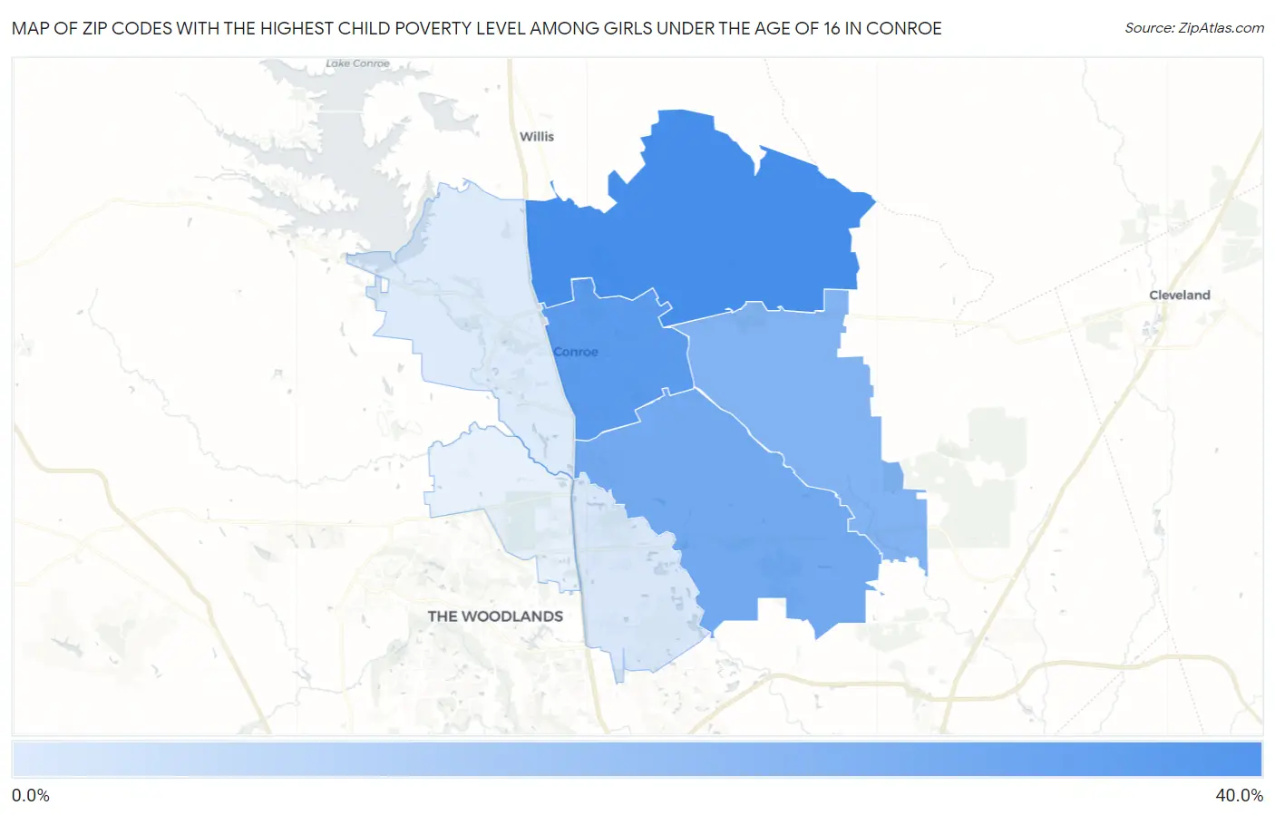 Zip Codes with the Highest Child Poverty Level Among Girls Under the Age of 16 in Conroe Map