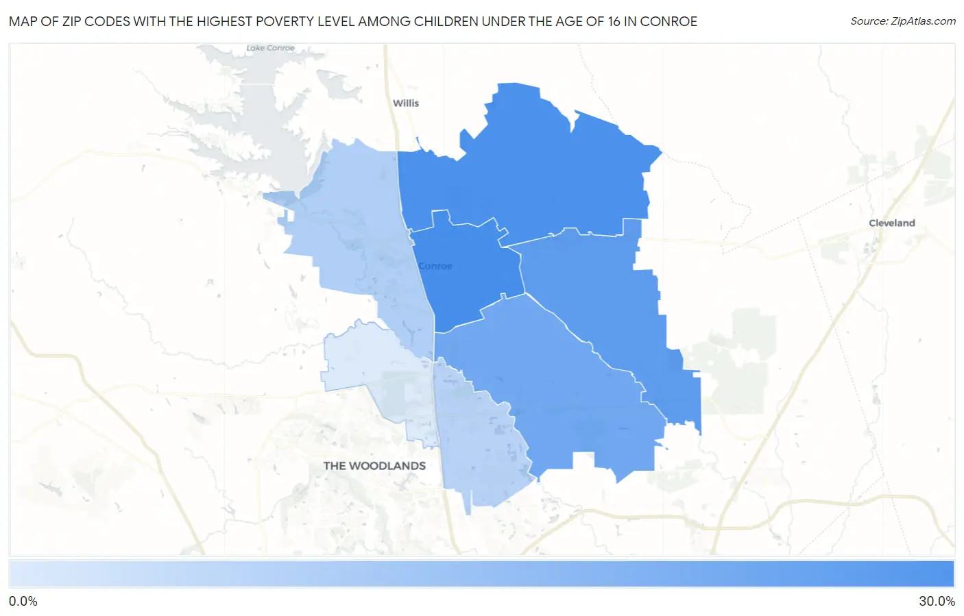 Zip Codes with the Highest Poverty Level Among Children Under the Age of 16 in Conroe Map