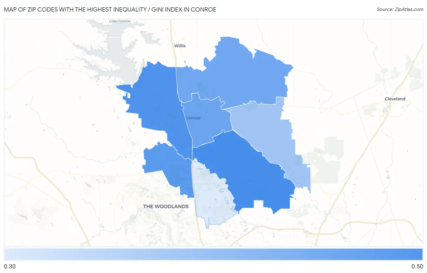 Zip Codes with the Highest Inequality / Gini Index in Conroe Map