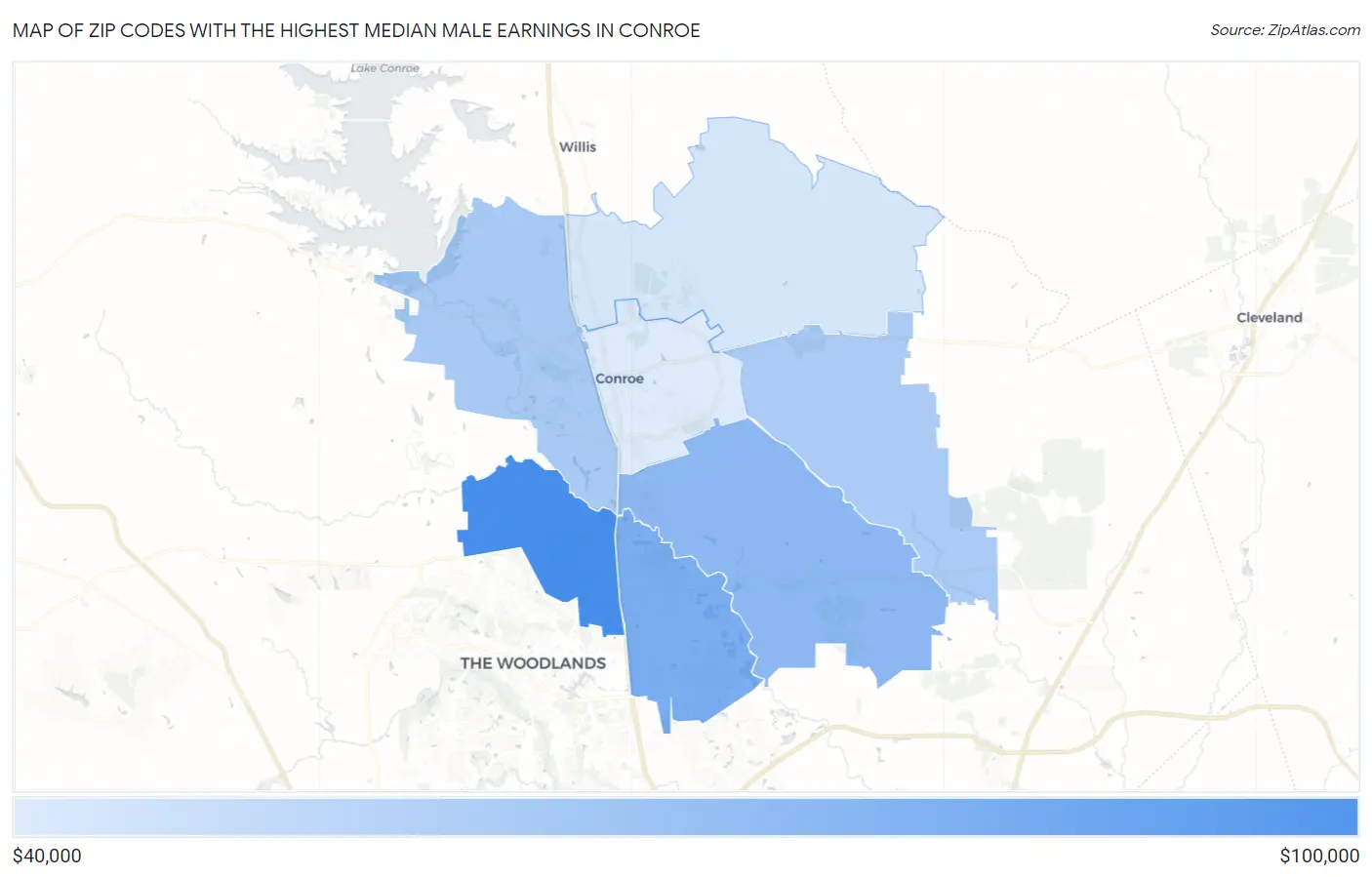 Zip Codes with the Highest Median Male Earnings in Conroe Map