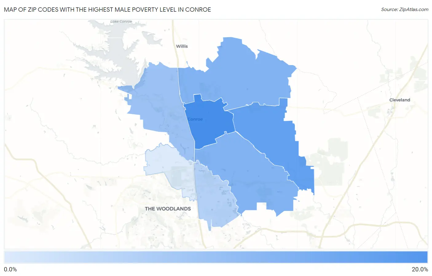 Zip Codes with the Highest Male Poverty Level in Conroe Map