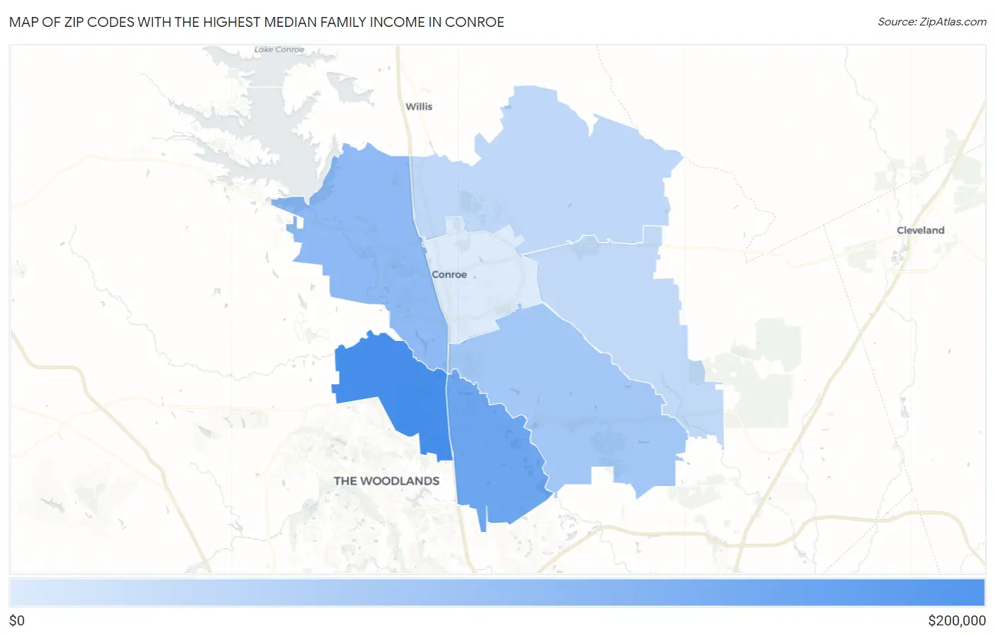 Zip Codes with the Highest Median Family Income in Conroe Map