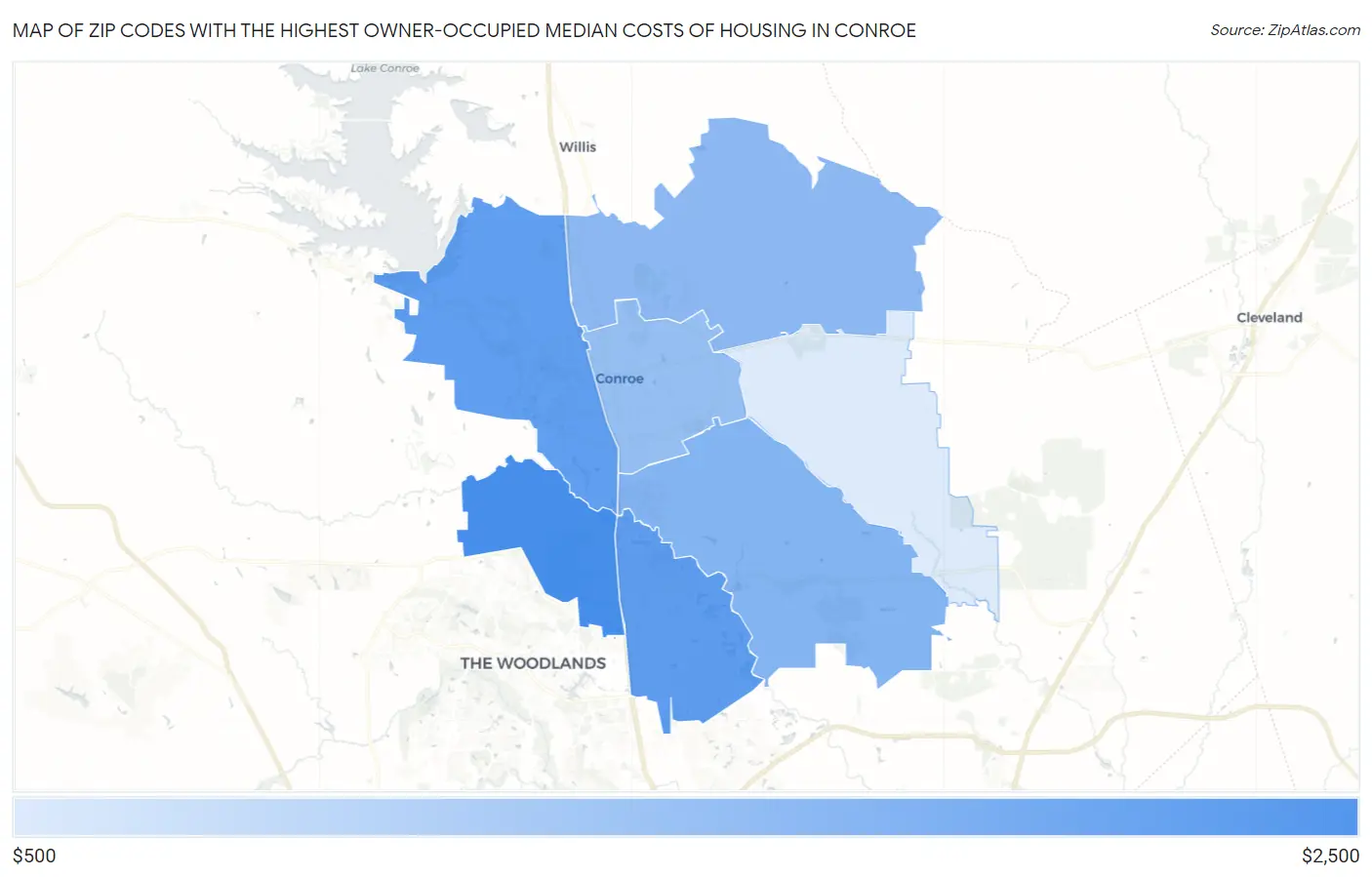 Zip Codes with the Highest Owner-Occupied Median Costs of Housing in Conroe Map