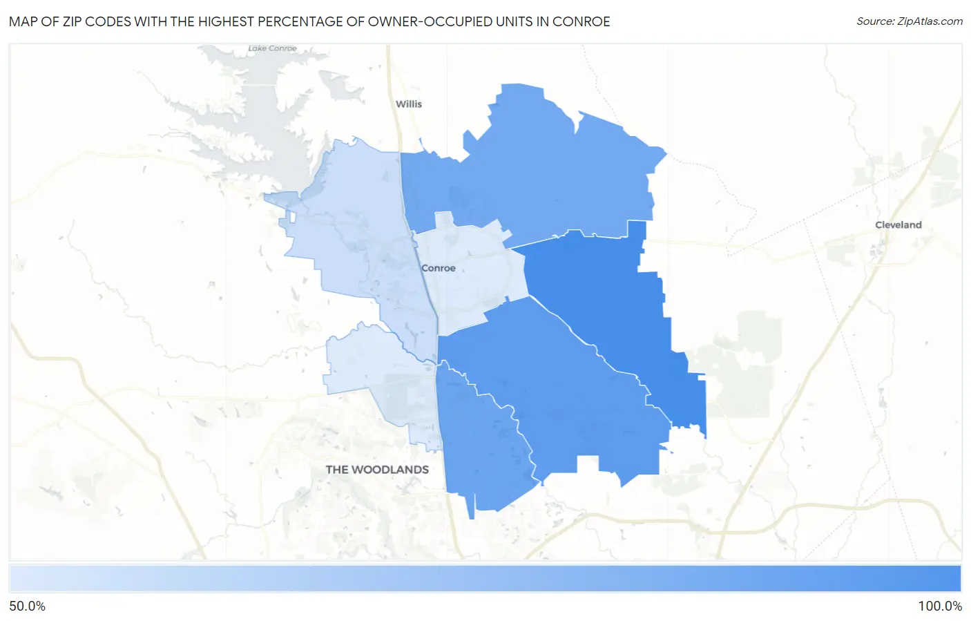 Zip Codes with the Highest Percentage of Owner-Occupied Units in Conroe Map
