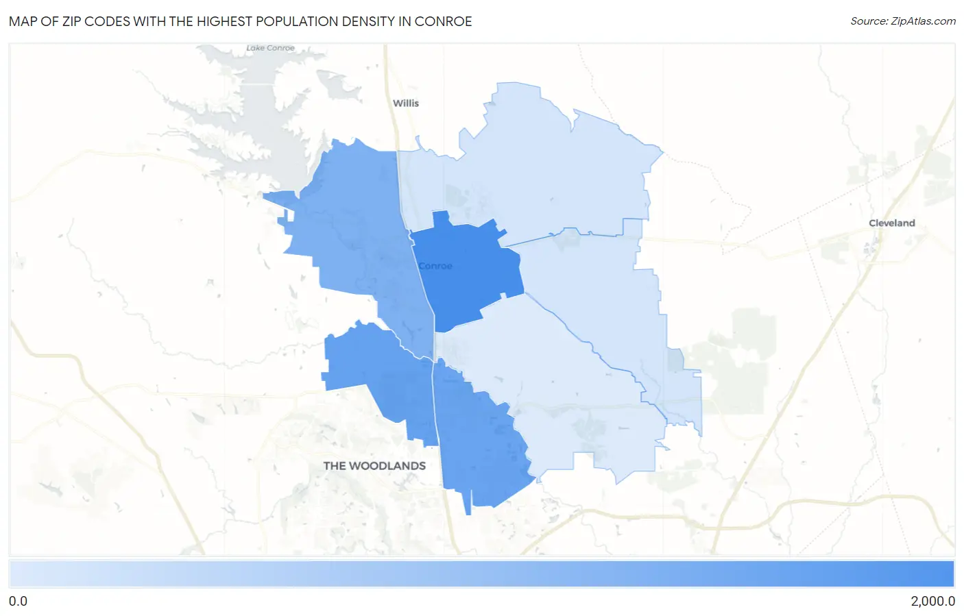 Zip Codes with the Highest Population Density in Conroe Map