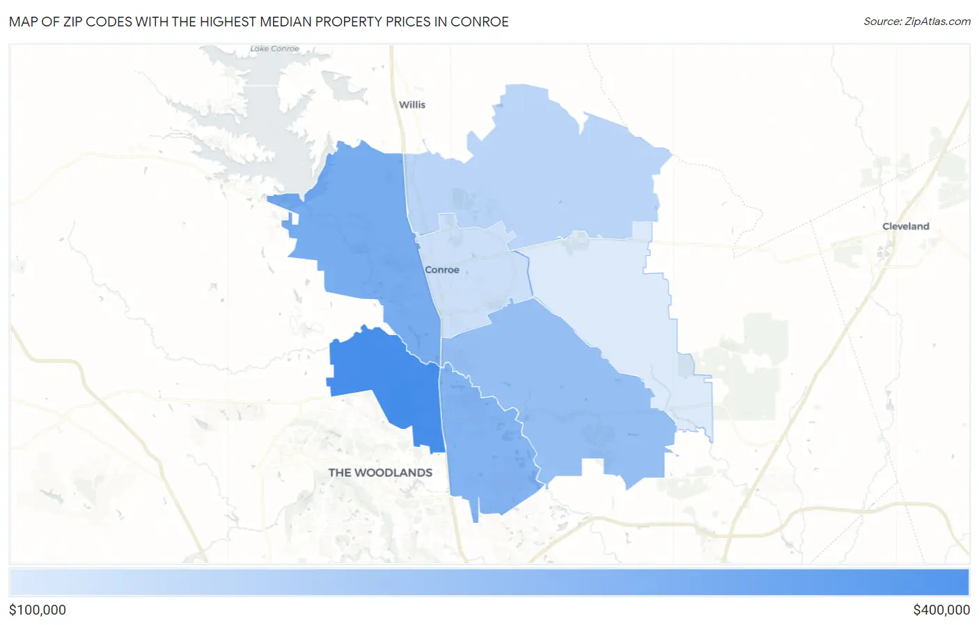 Zip Codes with the Highest Median Property Prices in Conroe Map