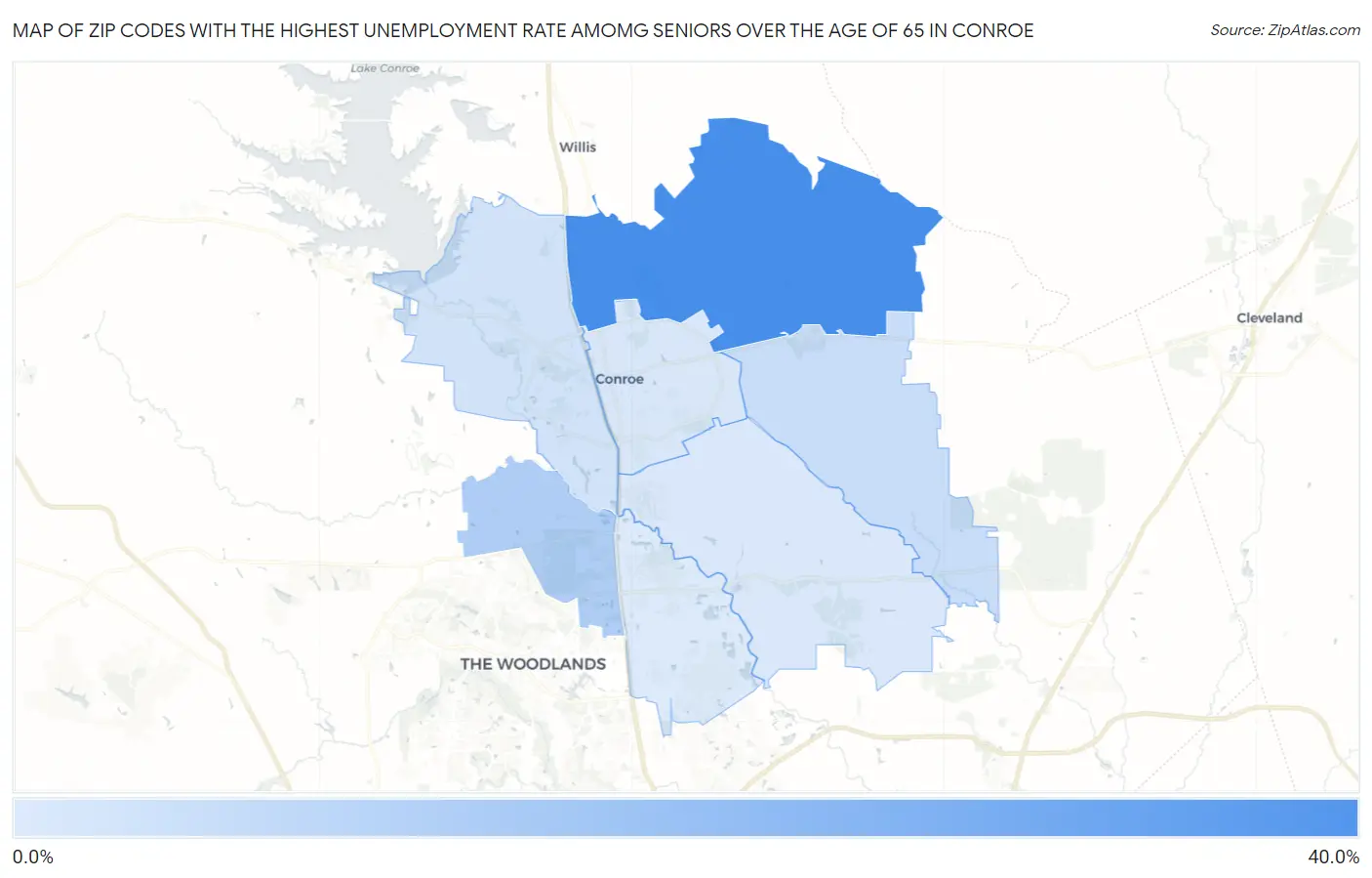 Zip Codes with the Highest Unemployment Rate Amomg Seniors Over the Age of 65 in Conroe Map