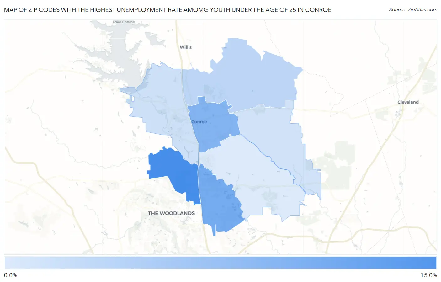 Zip Codes with the Highest Unemployment Rate Amomg Youth Under the Age of 25 in Conroe Map