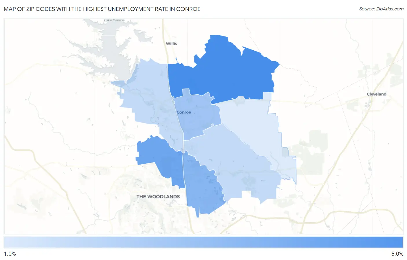 Zip Codes with the Highest Unemployment Rate in Conroe Map
