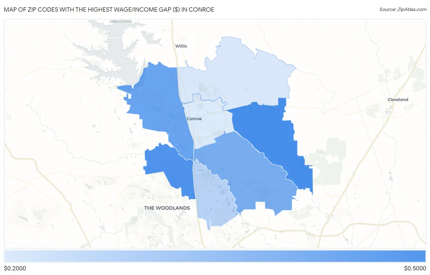 Zip Codes with the Highest Wage/Income Gap ($) in Conroe Map