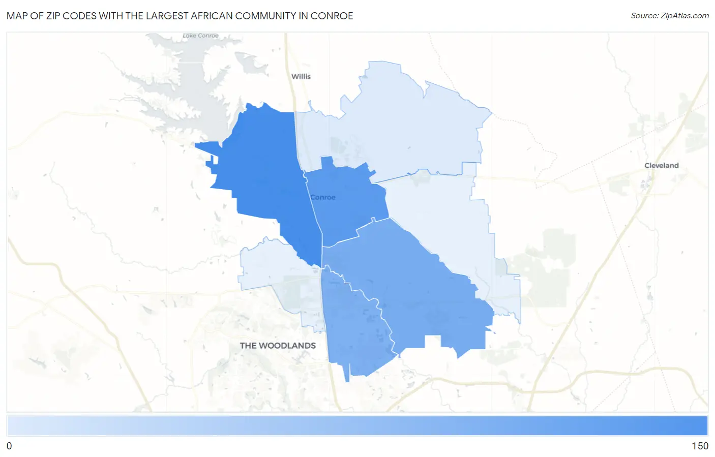 Zip Codes with the Largest African Community in Conroe Map