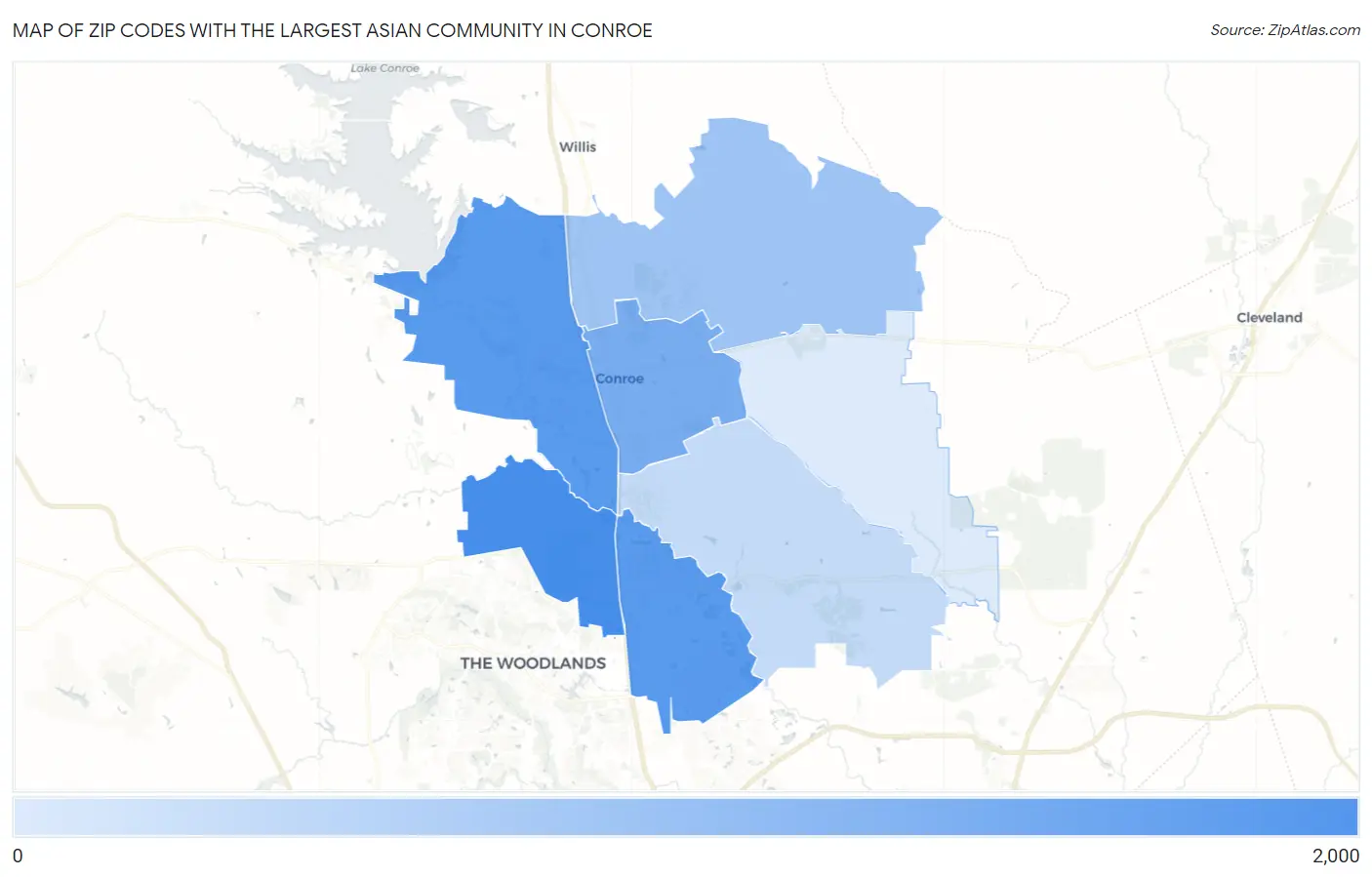 Zip Codes with the Largest Asian Community in Conroe Map