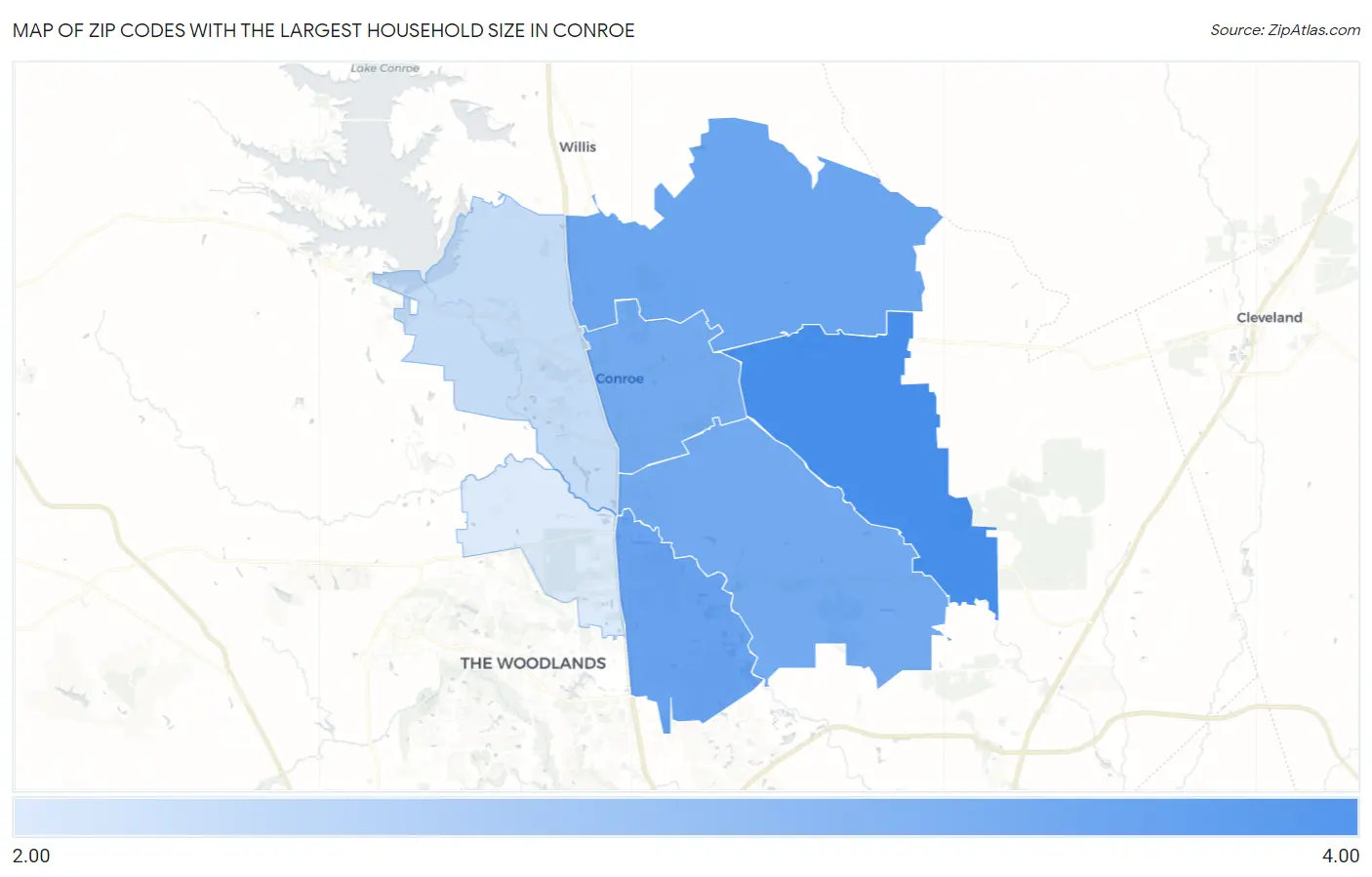 Zip Codes with the Largest Household Size in Conroe Map