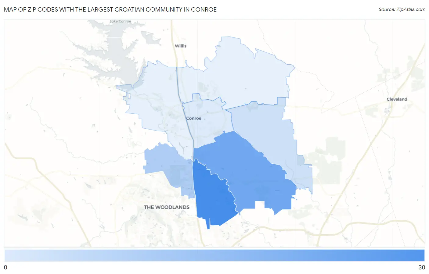 Zip Codes with the Largest Croatian Community in Conroe Map