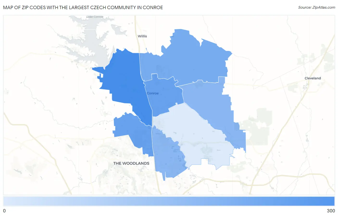 Zip Codes with the Largest Czech Community in Conroe Map