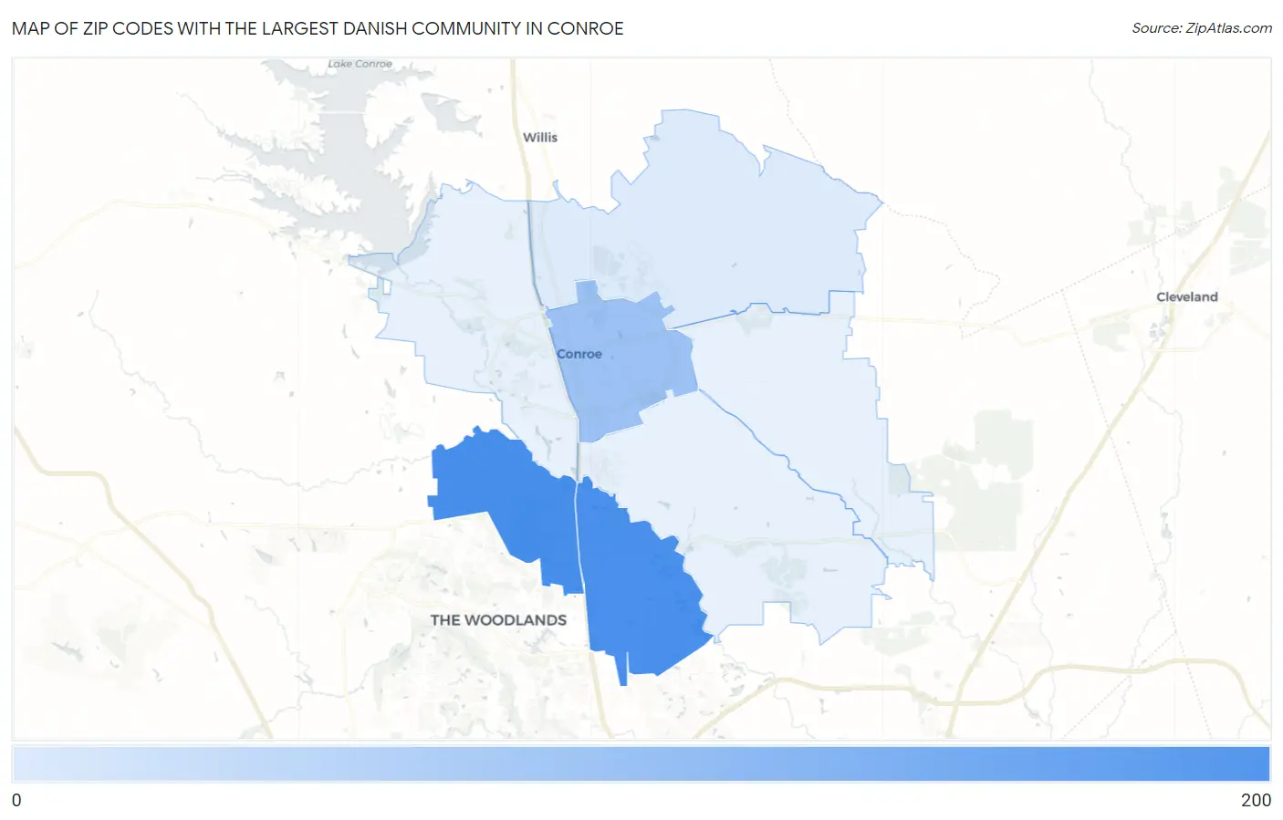Zip Codes with the Largest Danish Community in Conroe Map